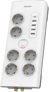 Philips SPN7061WA-39 strāvas padeves pagarinātājs ar pārsprieguma aizsardzību, 6 kontaktligzdām, 4 USB-A un 1 USB-C portu